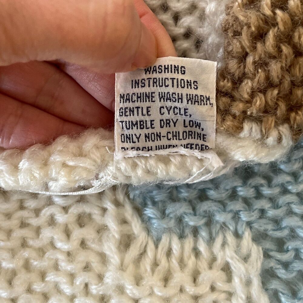 Vintage 80s Sharon Sports Knit Sweater S Acrylic Colorblock White Brown Blue - Picture 8 of 9